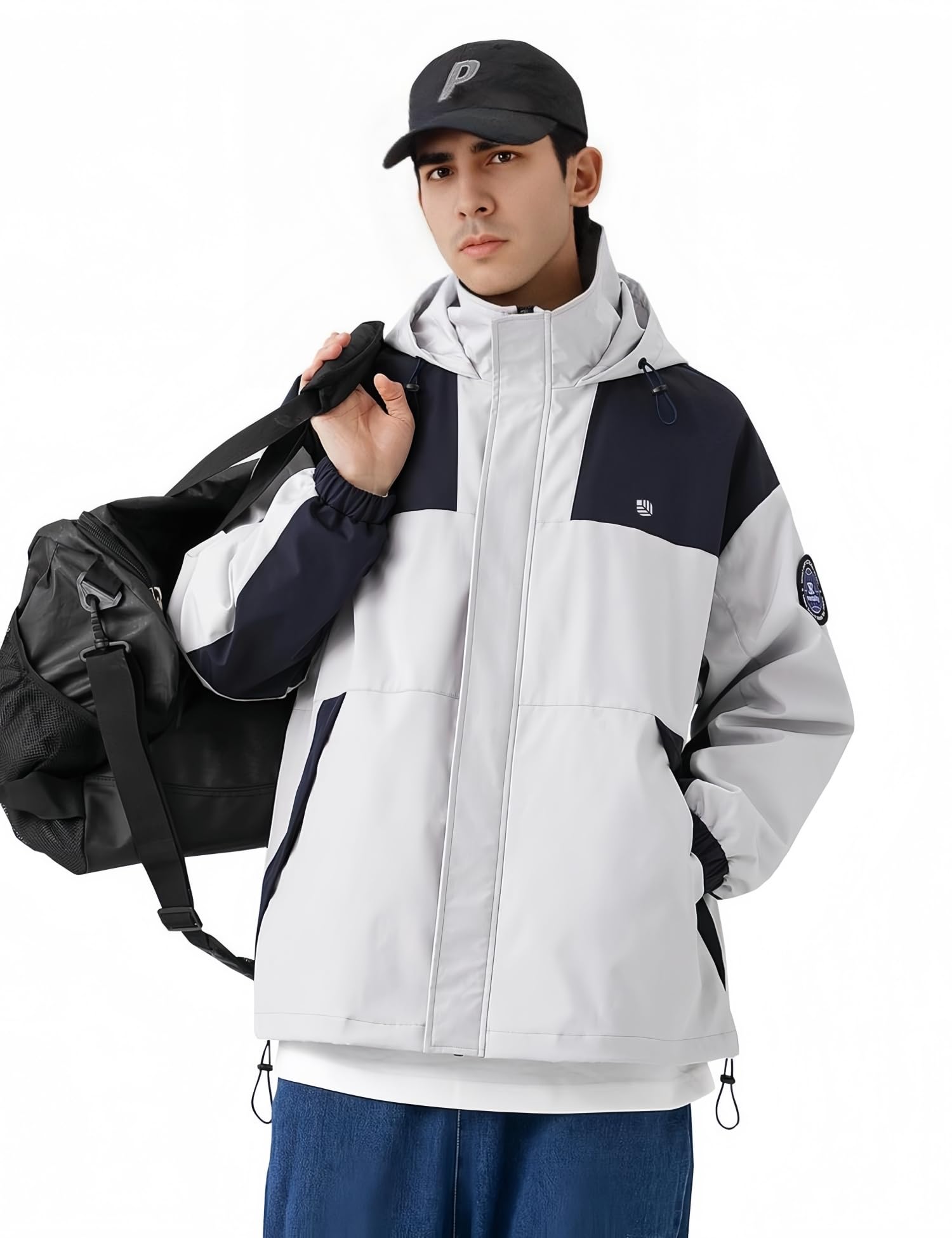 Venzina Men's Tech Wear Jacket for Urban Outdoor Style with Waterproof Windproof Shell | Light Gray Hooded Design