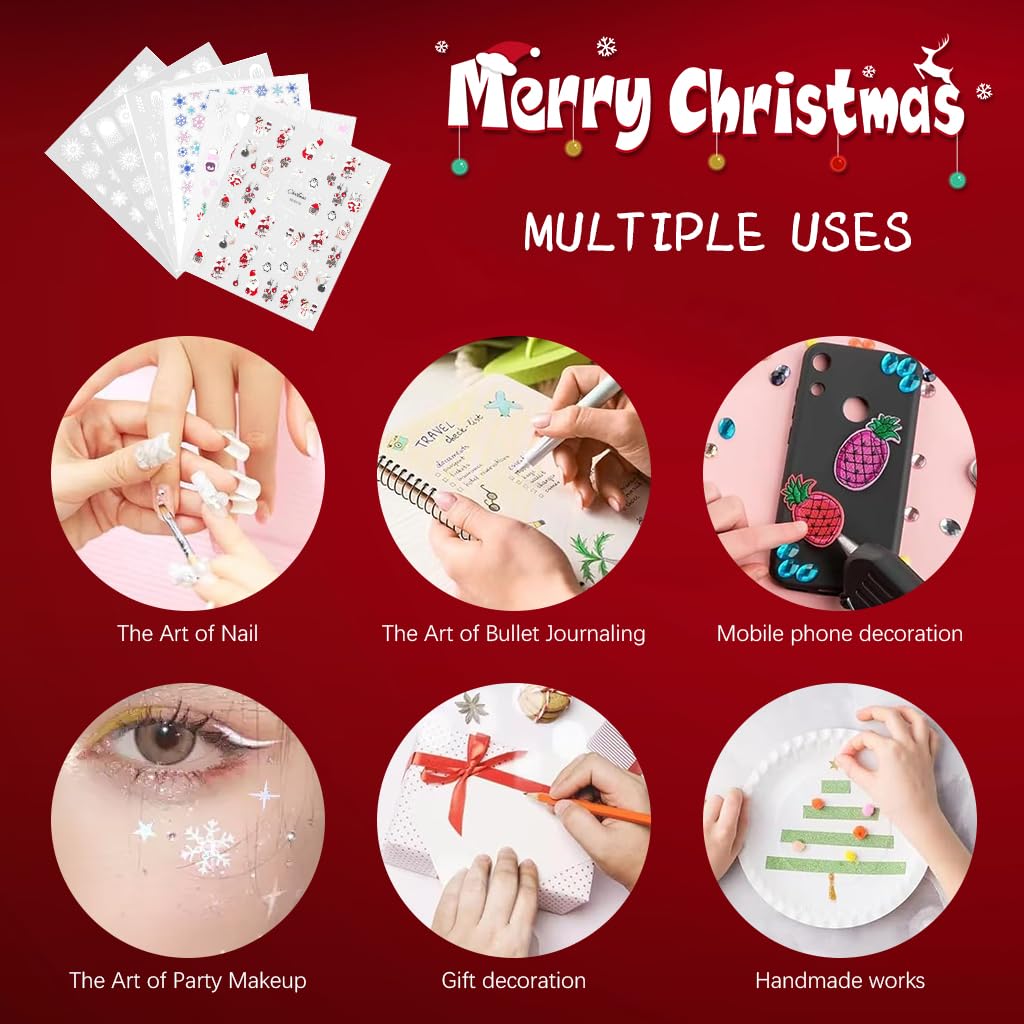 MAYCREATE Christmas Nail Stickers for DIY Nail Art with 3D Embossed Designs 6 Sheets | Self Adhesive Set for Women