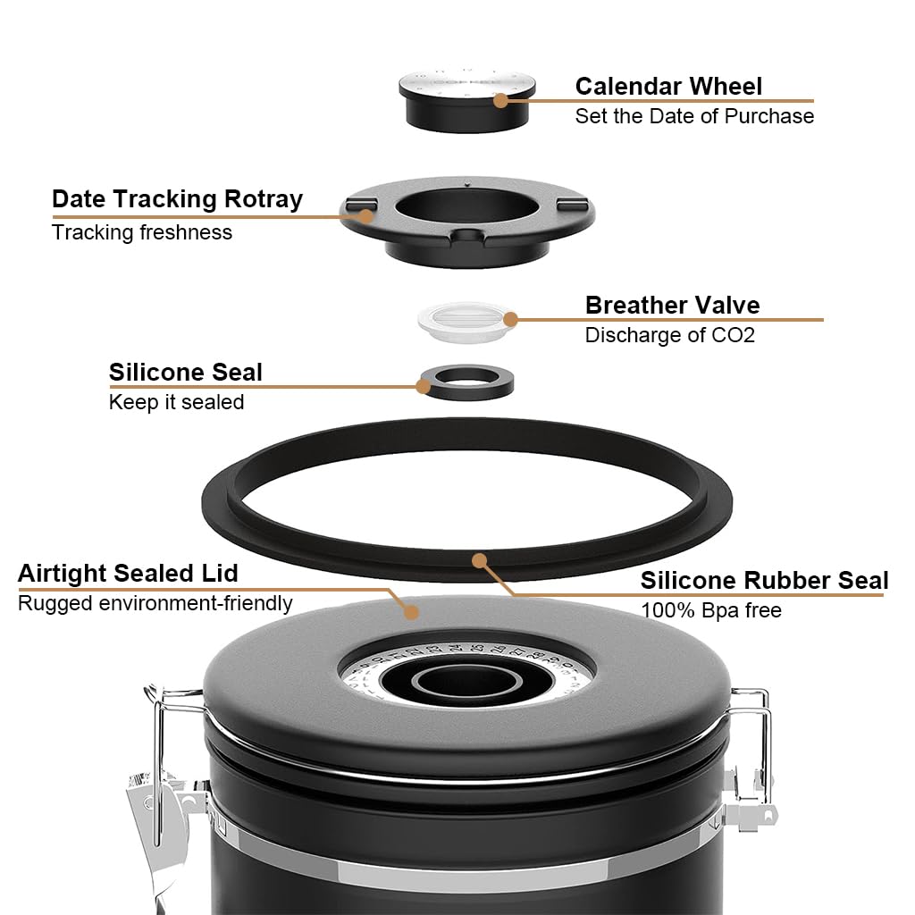 Supvox® Coffee Bean Canister 63Oz/1.8L Airtight 304 Stainless Steel Kitchen Food Container Food Storage Can with Built in Date Tracker & Clear Window Canister Food Can for Coffee, Sugar, Tea, Flour
