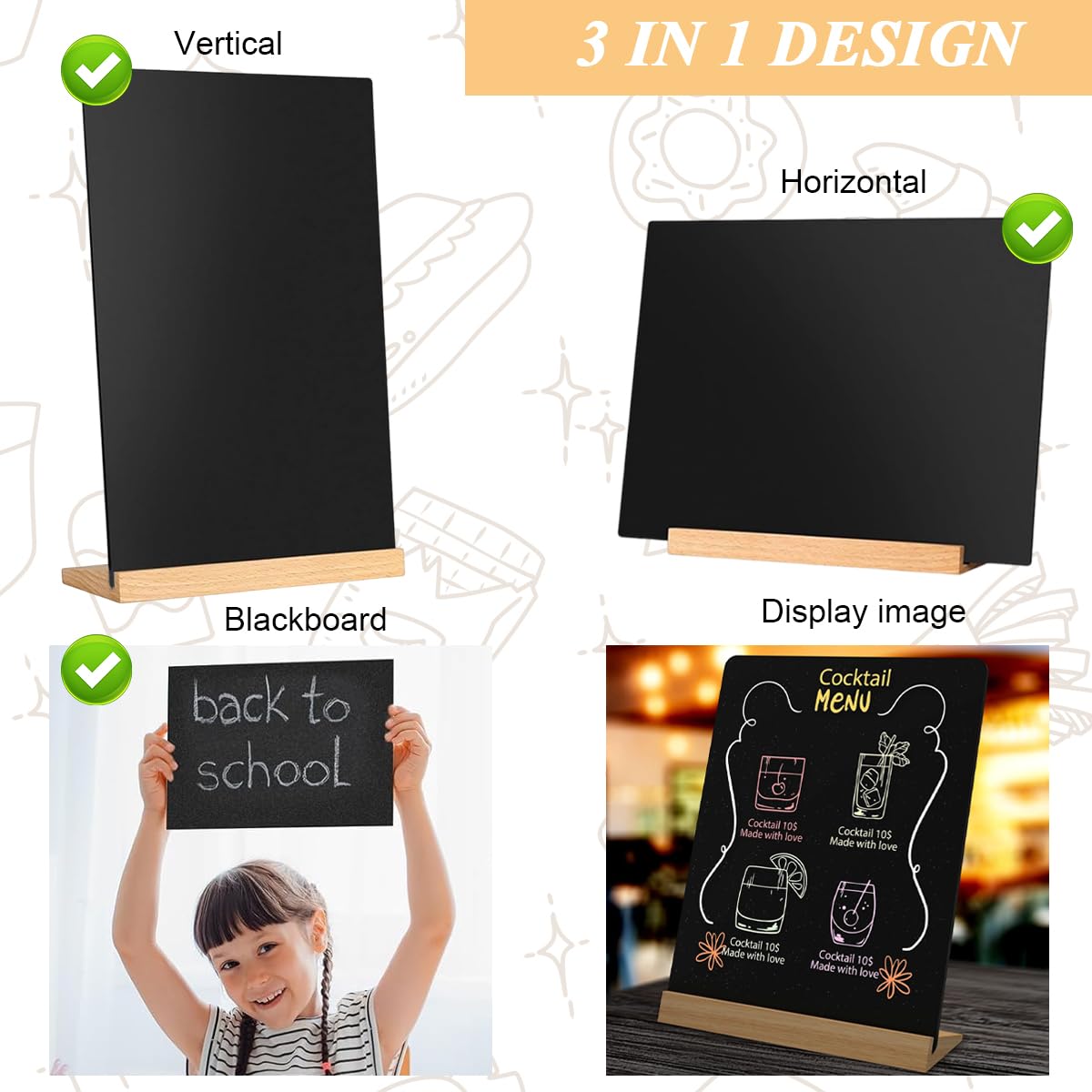 OFIFO A4 Blackboard for Kitchen and Café Display with Double Sided Surface and Wooden Base | Includes Color Markers and Microfiber Wipes
