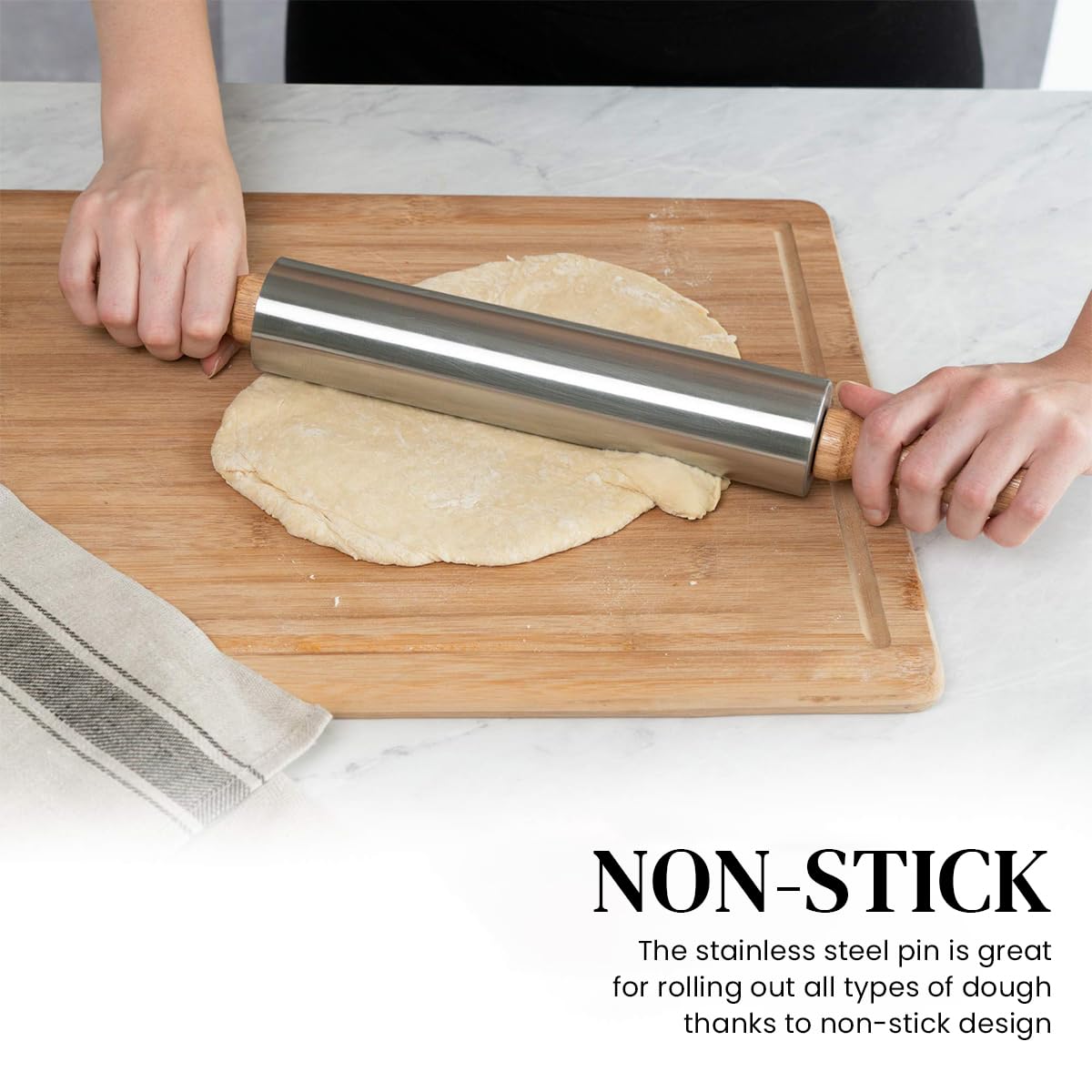 Supvox Stainless Steel Rolling Pin for Baking with Ergonomic Wooden Handles 38cm Long | Non Stick Pastry Tool