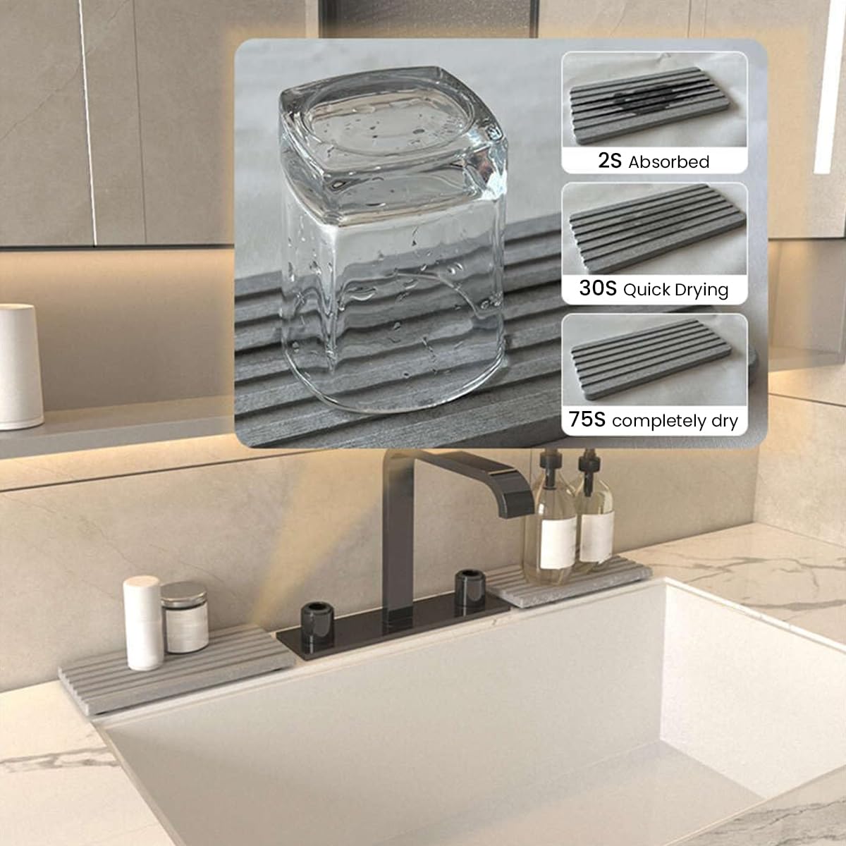 Supvox Water Absorbent Diatomite Coasters for Bathroom and Kitchen featuring Grooved Design 8.3 x 4 in Grey | Non Slip Tray and Soap Holder