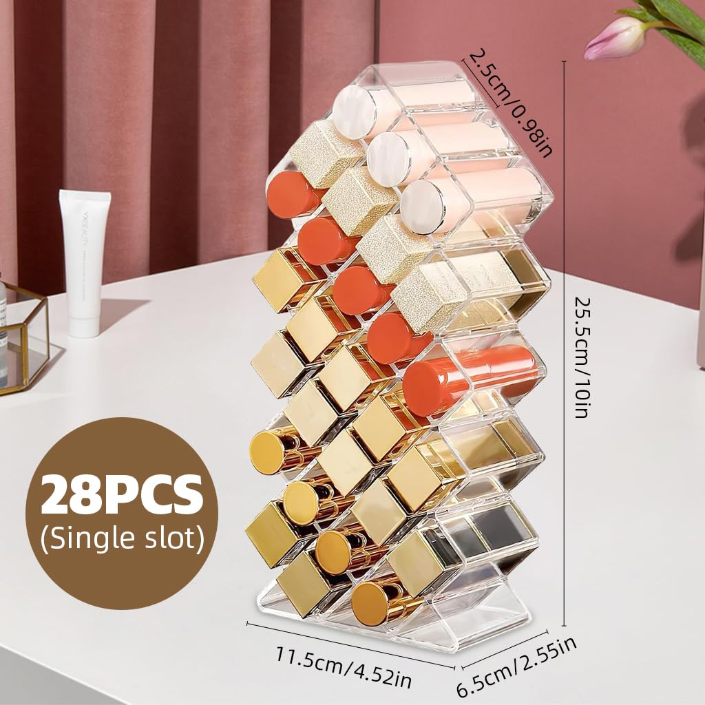 HASTHIP Lipstick Organizer for Dresser and Vanity featuring 28 Slots and Acrylic Stand | Transparent Makeup Holder 11x6.5x25.5cm