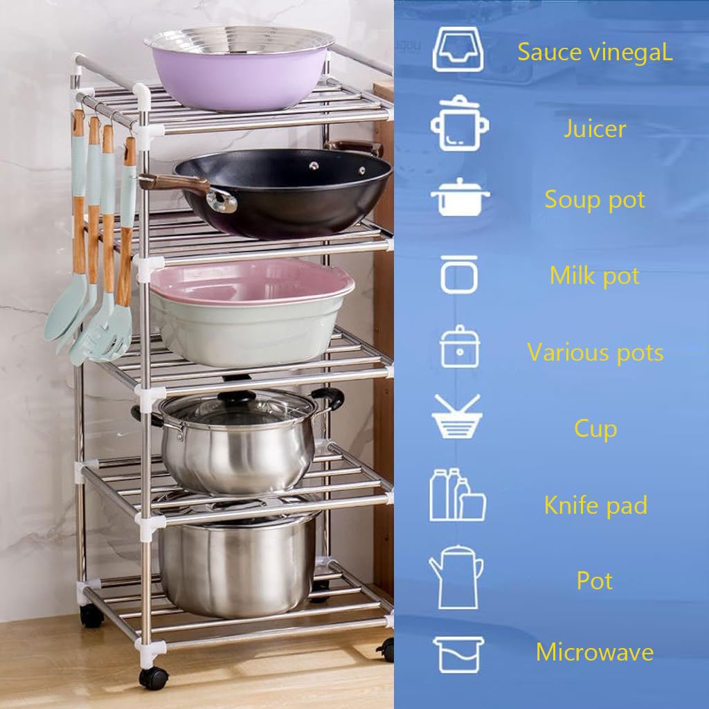 Supvox® Kitchen Organizer with Wheel 5-Layer Stainless Steel Kitchen Shelf Organizer Space Saving Kitchenware Organizer for Pan, Pot, Deep Fry Pot