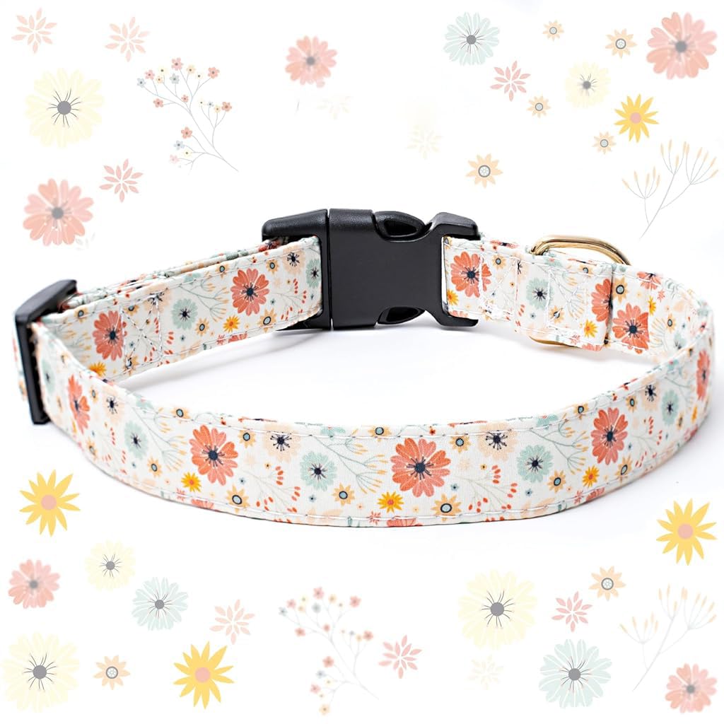 Qpets Floral Dog Collar for Small to Medium Dogs featuring Daisy Pendant Charm and Metal D Ring | Adjustable 32–50cm Soft Fabric