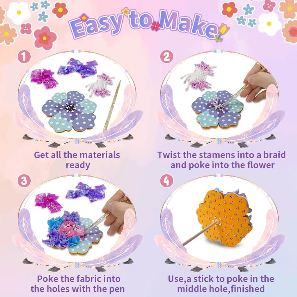 PATPAT® Poke in Art Kits for Girls, Creating Flower Bouquet Making Kit Art Kit for Kids 6-12, 800-PCS Multicolor Fabric Craft Set with Stems & Butterflies, Birthday Gift for Girl