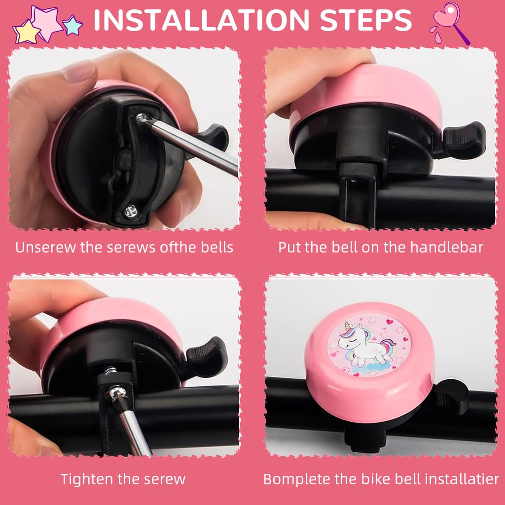 Proberos Kids Bicycle Bell for 22mm Tube featuring Pink Unicorn Steel Horn | 2PCS Set