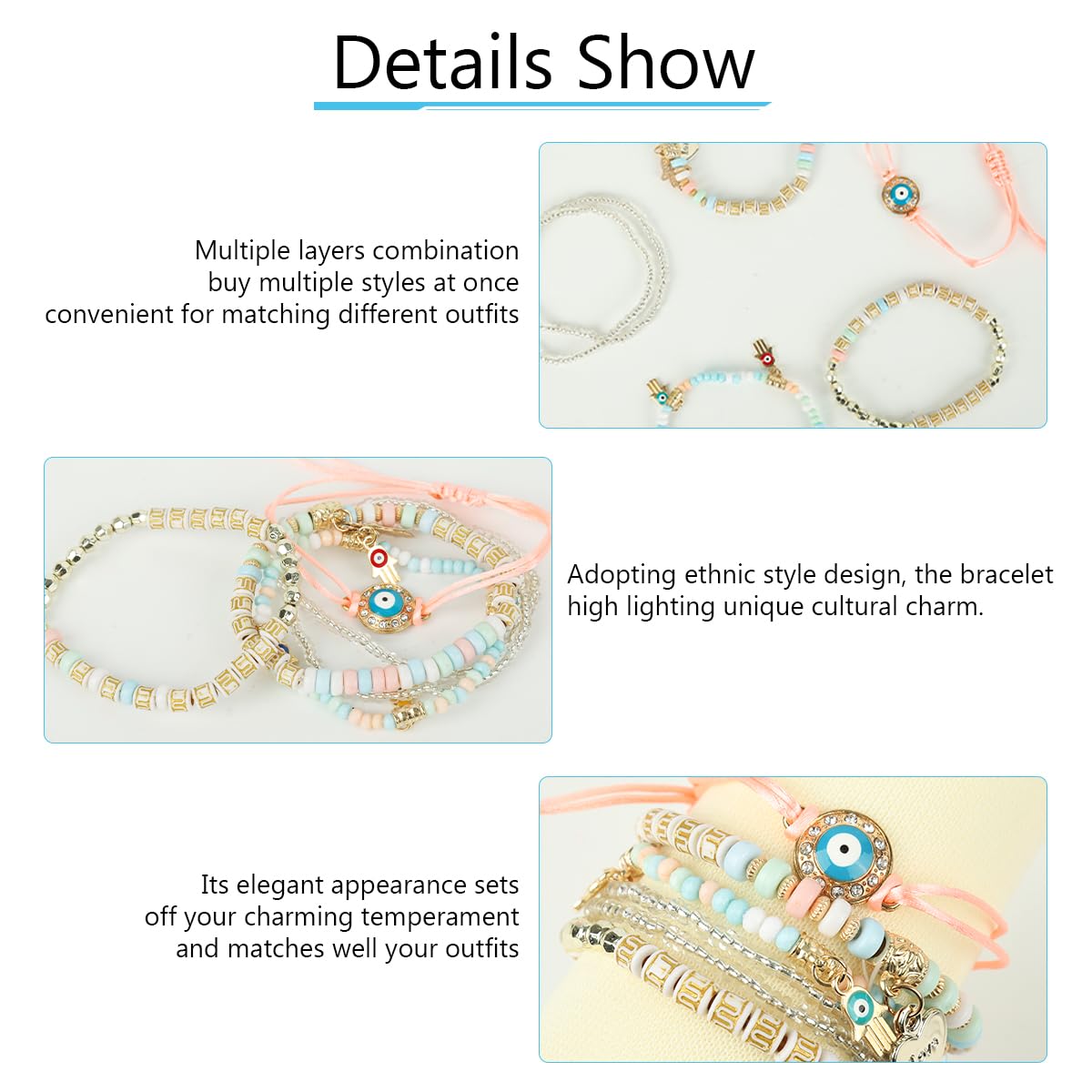 SANNIDHI Boho Stackable Multilayer Bracelet Set with Evil Eye Charm | Pack of 6 for Women
