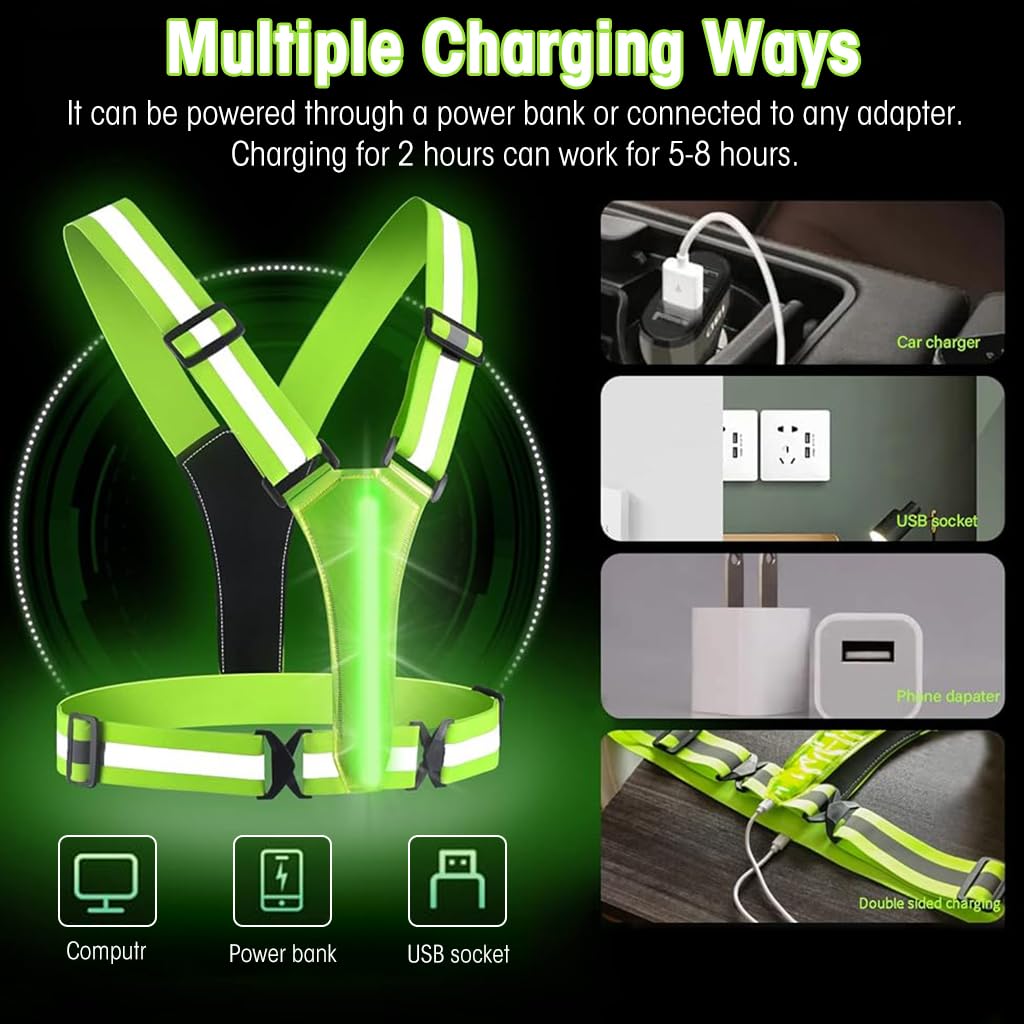 PROBEROS Safety Vest for Running and Cycling with USB LED 3 Lighting Modes | Adjustable Green Reflective Vest for Men and Women