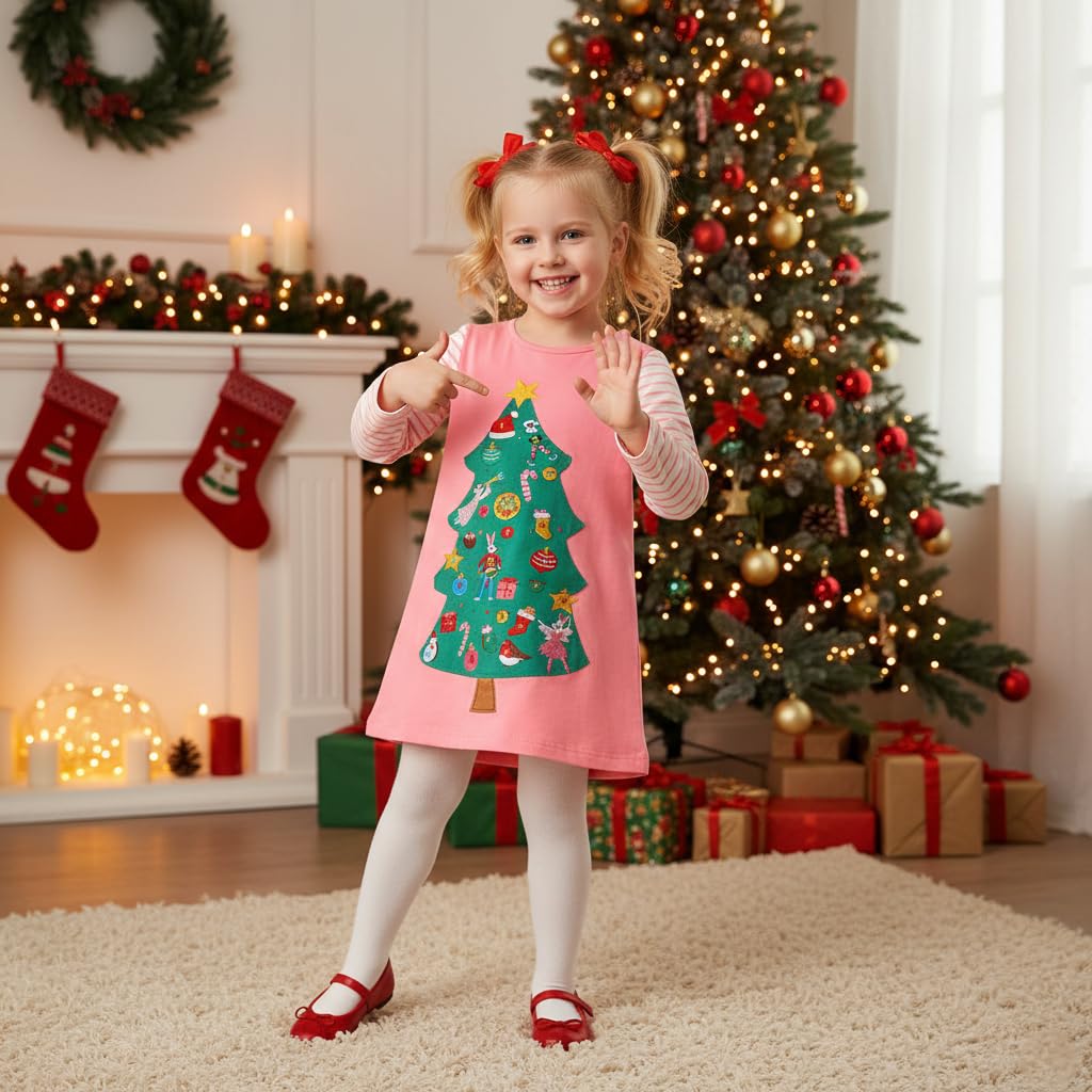 SANNIDHI Christmas Dress for Girls featuring Striped Long Sleeves and 120 cm Pink Cotton | Festive Tree Print Nightgown for Parties or Homewear