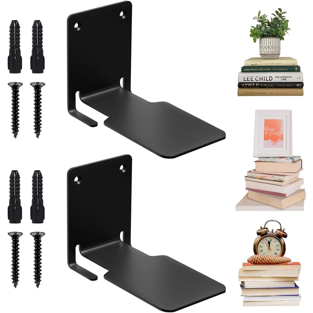 HASTHIP Invisible Wall Book Shelf for Stylish Storage with Screw Mounted Design | 2Pcs Black Metal