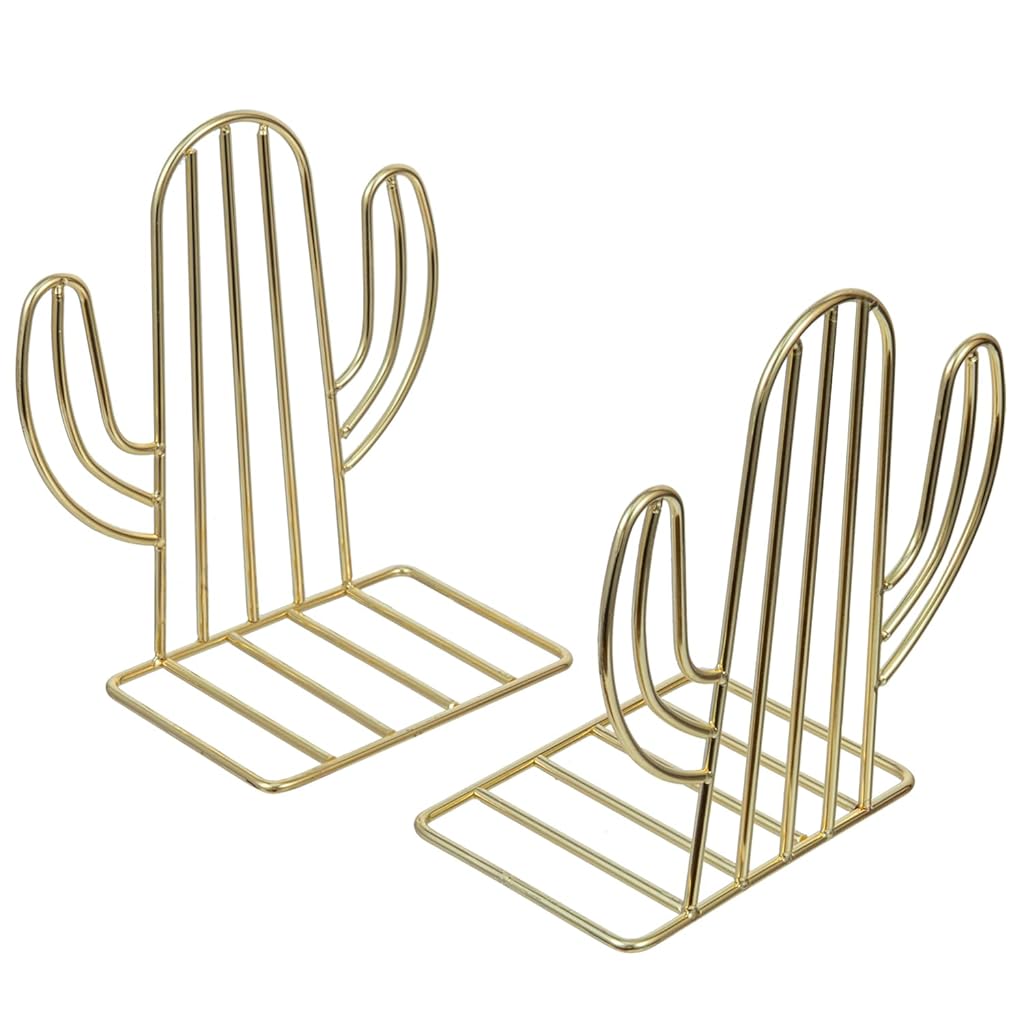 ZIBUYU® Modern Brass Metal Wire Cactus Design Bookends Unique Decorative Book Holder for Home Office Desk, Minimalist Golden Organizer Accent for Shelves and Study Room