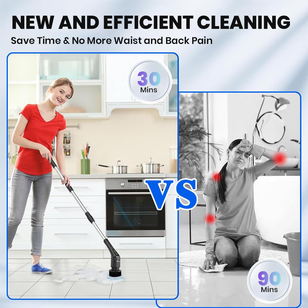 Supvox® Electric Scrubber 2000mAh Rechargeable Cleaning Scrubber 2 Speeds 47.2 inches Retractable Cordless Scrubber with 7 Attachments & Scrubbing Pads Flexible Handheld Scrubber for Home, Floor, Car