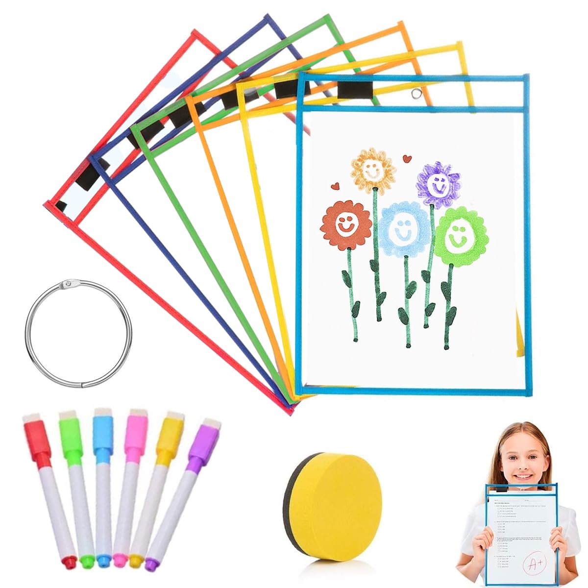 Climberty® Dry Erase Pocket Sleeves, 6 Pack 10 x 14 Inch Colorful Dry Erase Plastic Sleeves with 6 Erasable Color Pens, Reusable Clear Pocket Sleeves for Documents, Classification, Practicing Painting