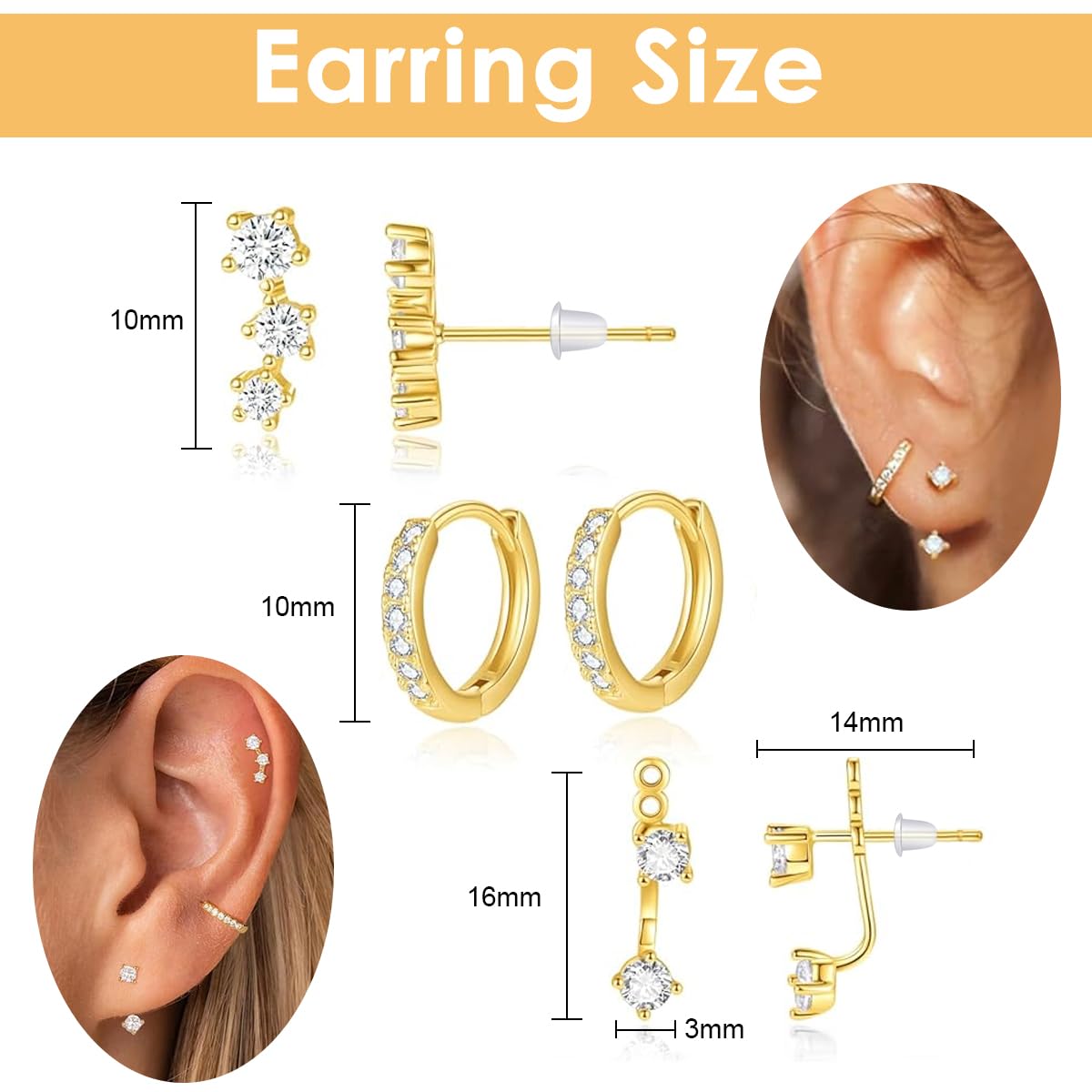 SANNIDHI Earrings Set for Women with 3 Pairs Gold Rhinestone Studs | Hypoallergenic Stainless Steel