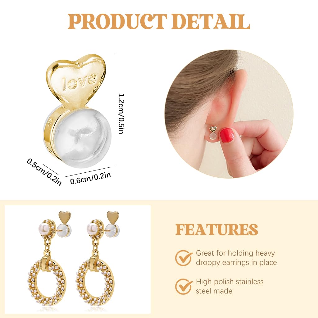 SANNIDHI Earring Supporter for Heavy Earrings featuring 6pcs Gold Heart Backs with Box | Comfortable Rubber Grip