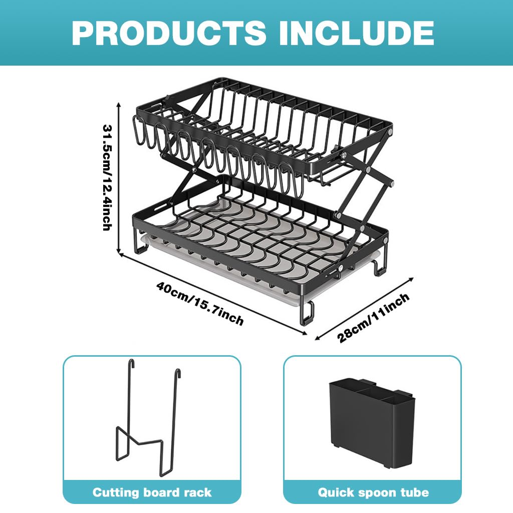 HASTHIP Kitchen Dish Rack with Double Layer Drain System and Utensil Storage | 40x28x31.5cm Carbon Steel