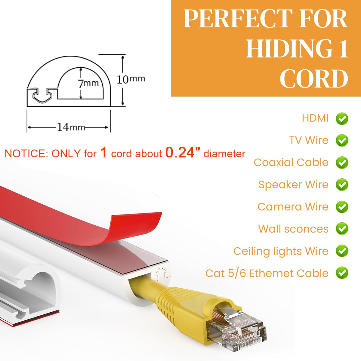 Serplex PVC Cord Cover 6.6ft for Floor and Wall Cable Management with Side Open Design White