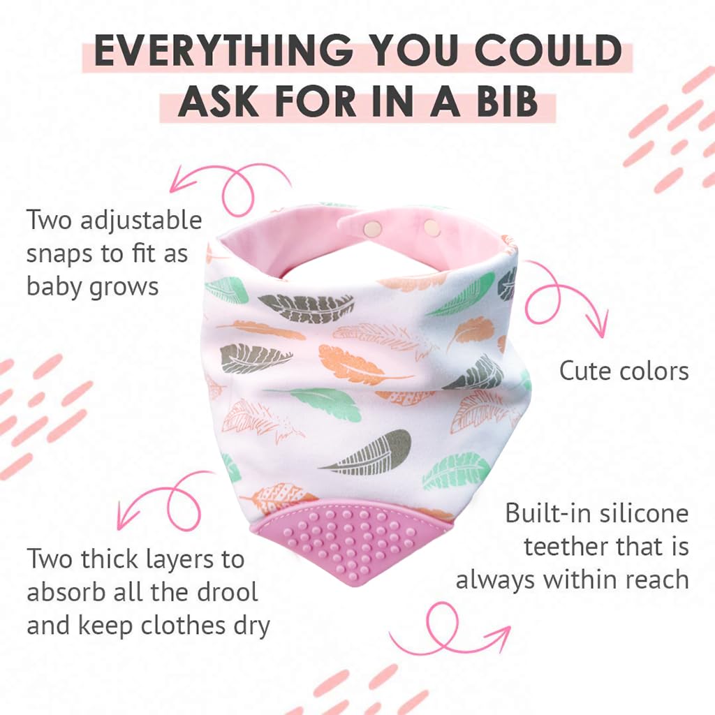 SNOWIE SOFT Baby Bib for Feeding with Adjustable Snap Buttons and Teether Corner | Pink Cotton Bandana for Babies