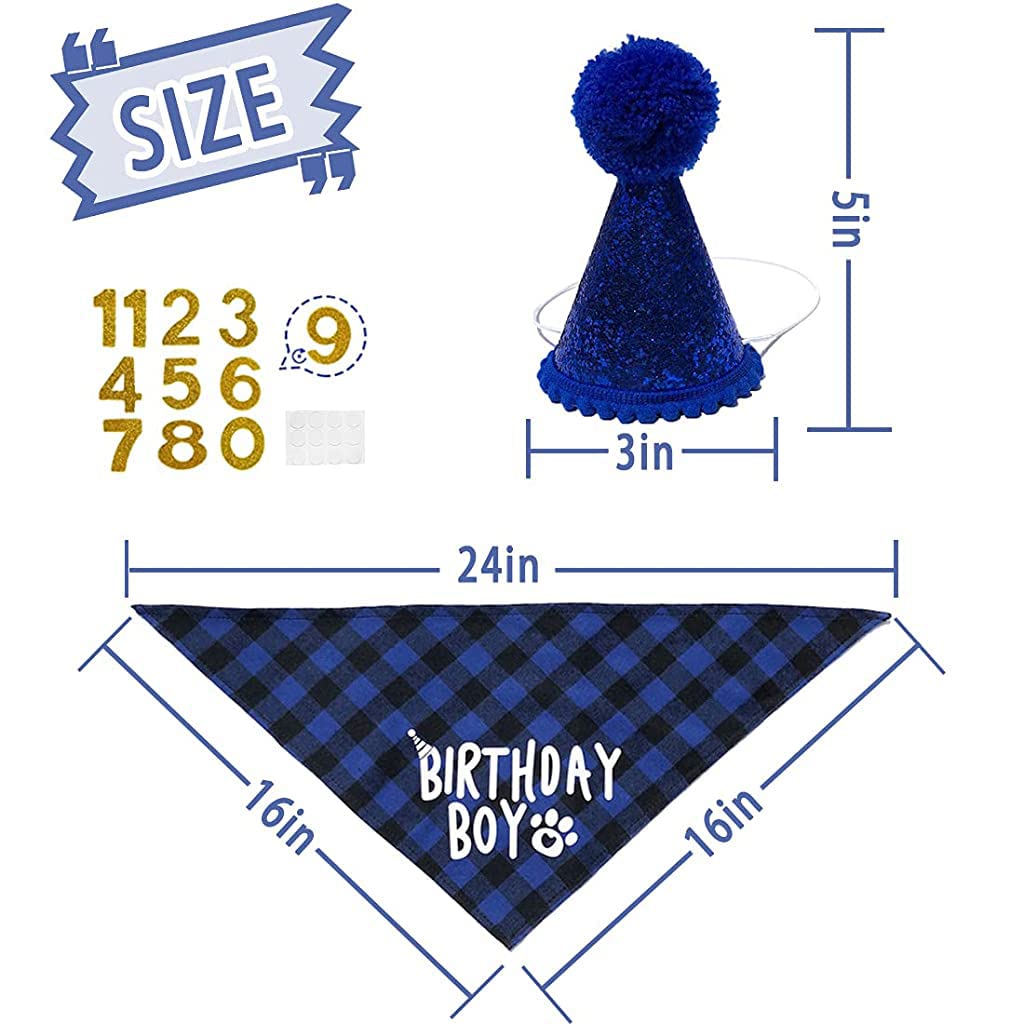 Qpets Dog Gifts Hat and Bandana Set for Birthday Parties with 60cm Plaid Scarf | Blue 3PCS