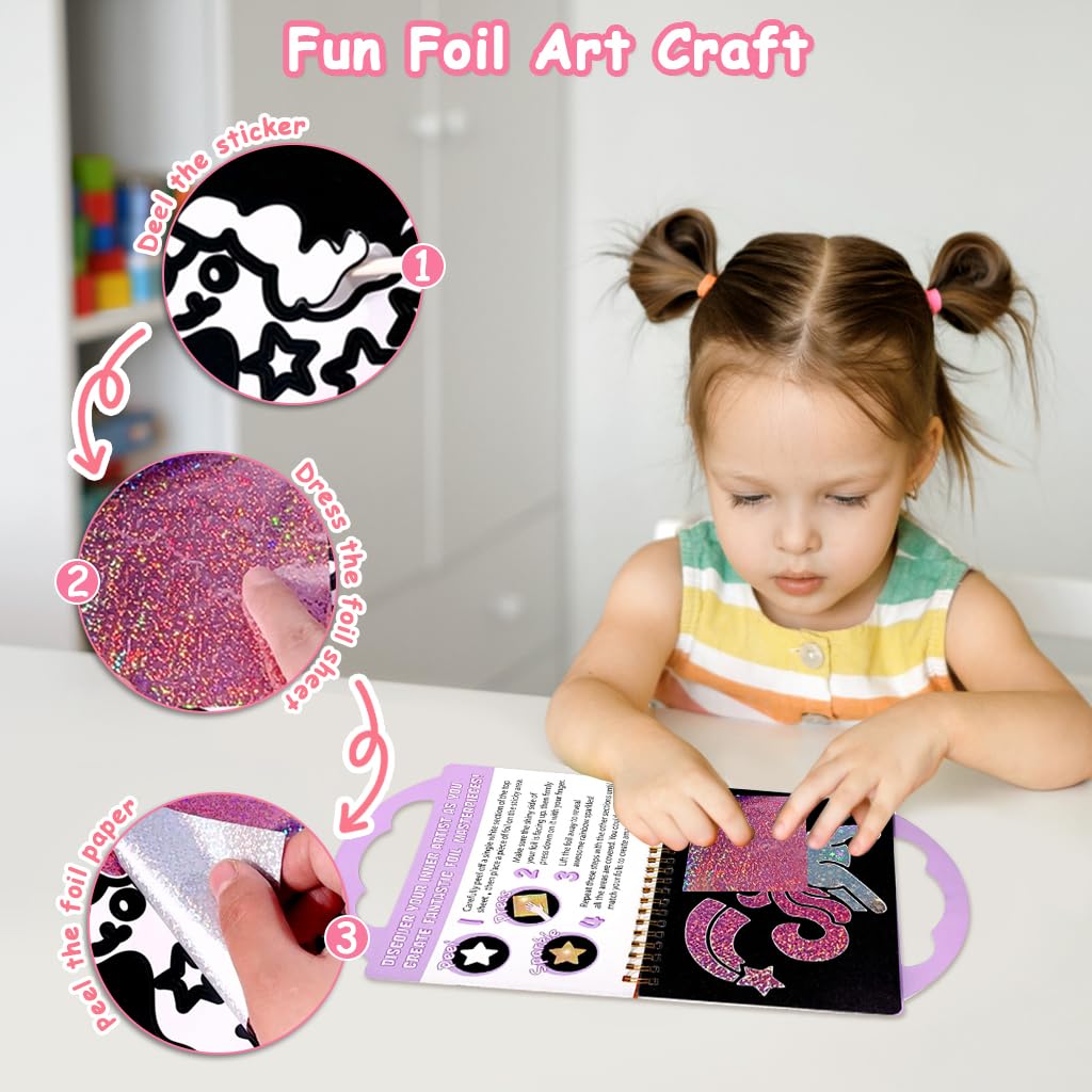 PATPAT DIY Foil Art Unicorn Coloring Book for Kids with 16 Patterns and 80 Glitter Sheets
