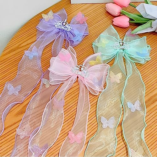 SANNIDHI® 3pcs Ribbon Bow Hair Clips for Girls, Rhinestone Crown Hair Bows Clip Set, Cute Stylish Butterfly Applique Hair Accessories for Kids Toddler Girls Princess Dress up