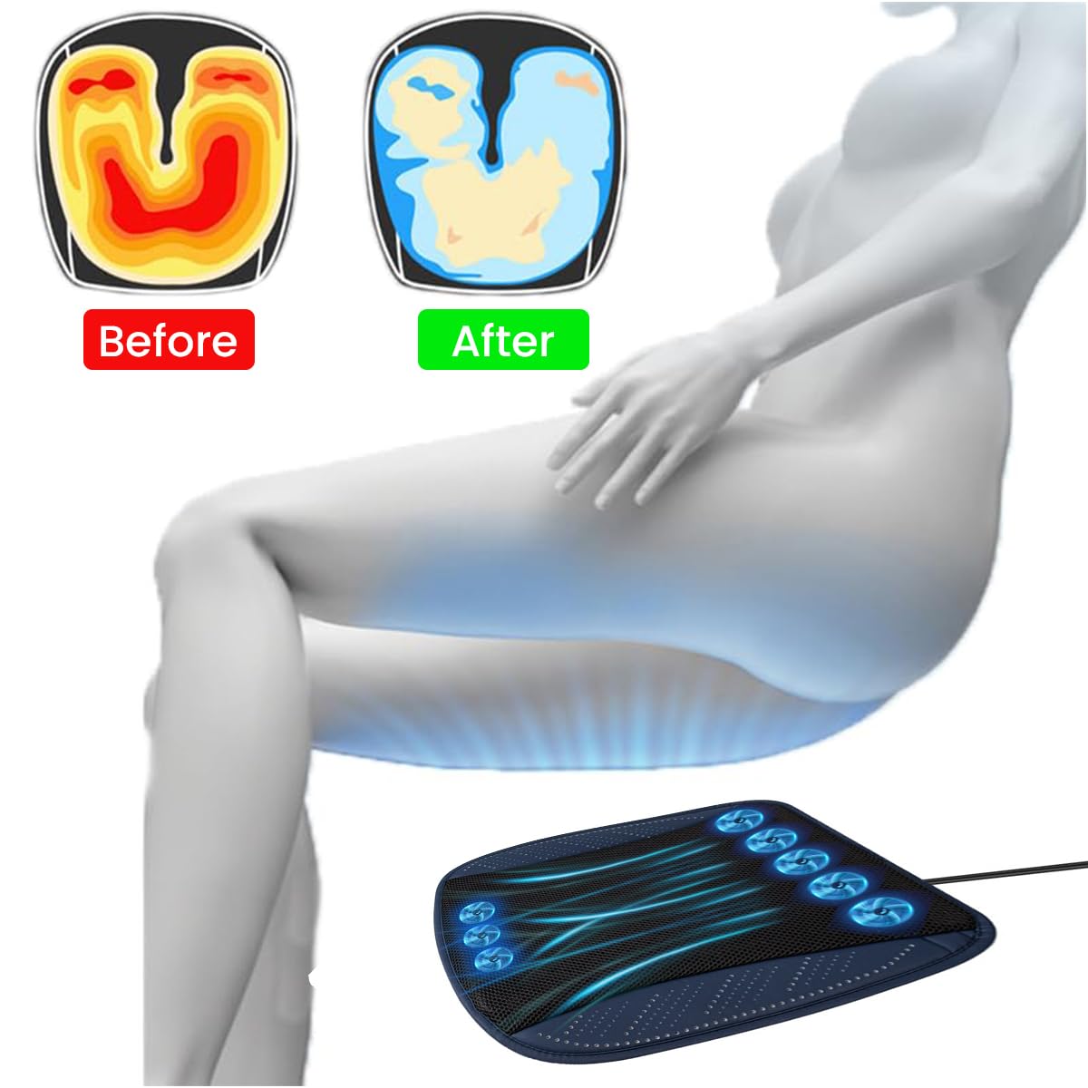 STHIRA Car Seat Cover with 8 Integrated Cooling Fans and 3 Speed USB Power | Quiet Nylon Ventilated Cushion for Summer Drives