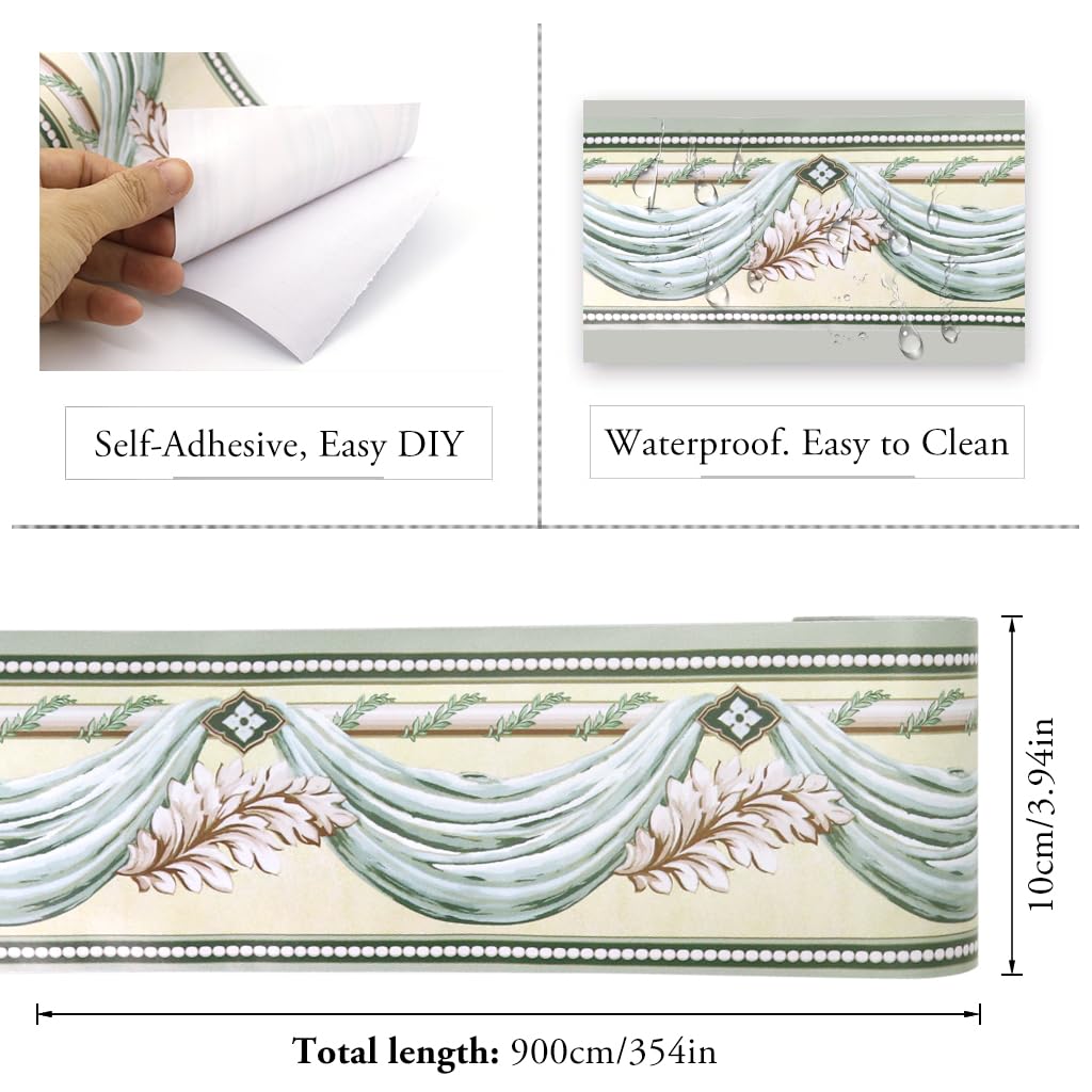 HASTHIP Wall Border Sticker - 3.9''×29.5 Ft Self-Adhesive Floral Trim PVC Frame Sticker, Kitchen Bathroom Waterproof Wallpaper Border Self Adhesive Tiles Sticker for Room Decor, Cupboard (Green)
