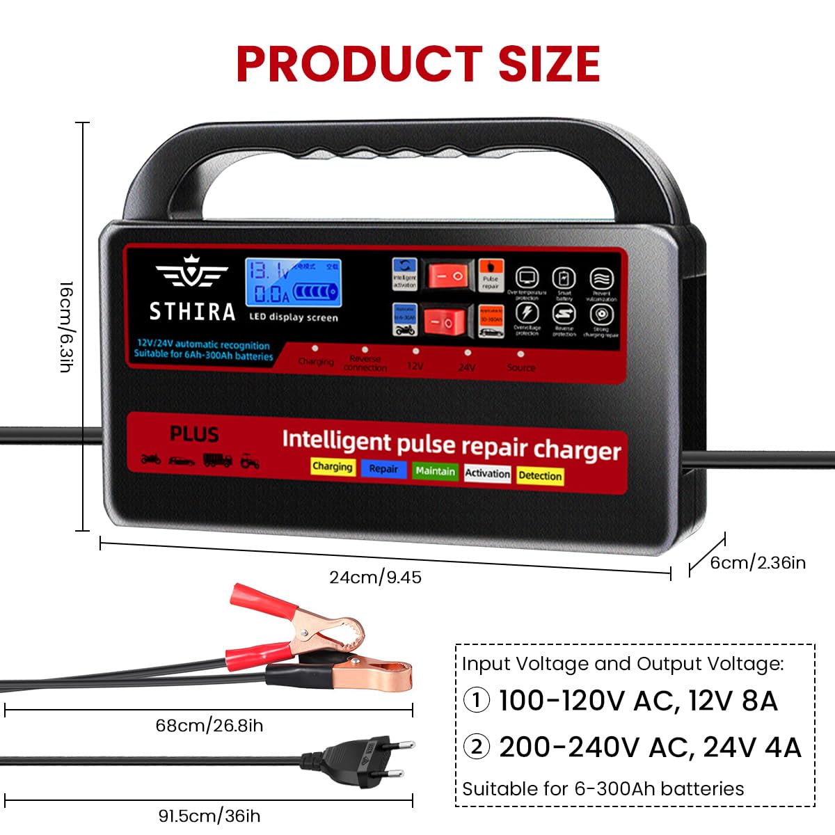 STHIRA Intelligent Pulse Battery Charger for 12V and 24V Lead Acid Batteries | LCD Display and Auto Shut Off
