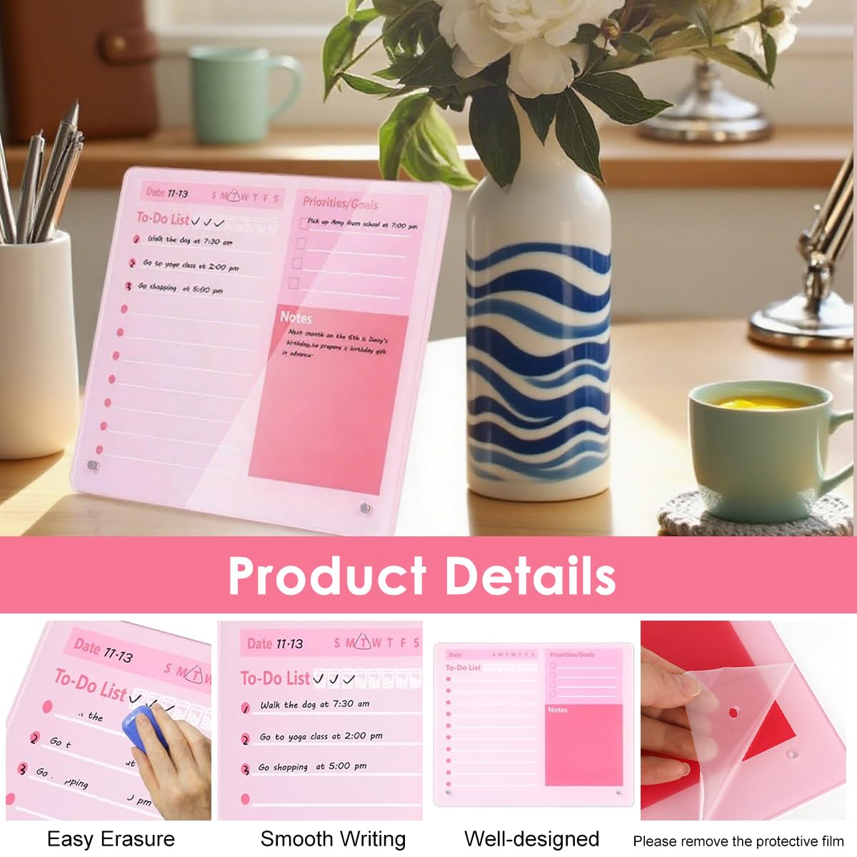 OFIFO Compact Desktop Dry Erase Board for Home and Office with 12x10 in Thickened Acrylic | Pink Memo Planner