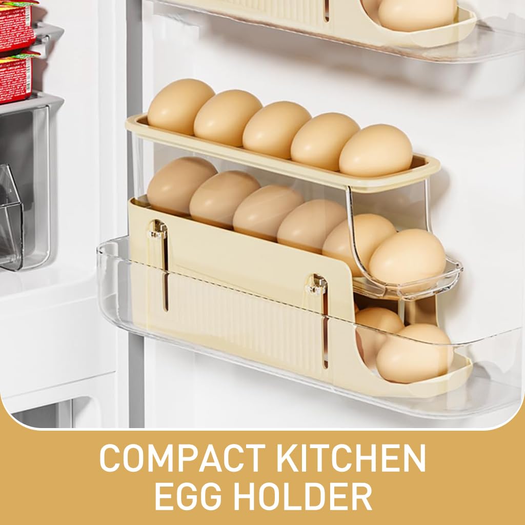 HASTHIP Kitchen Egg Holder for Refrigerator with 3 Layers 28x8.5x15cm and Auto Rolling Design