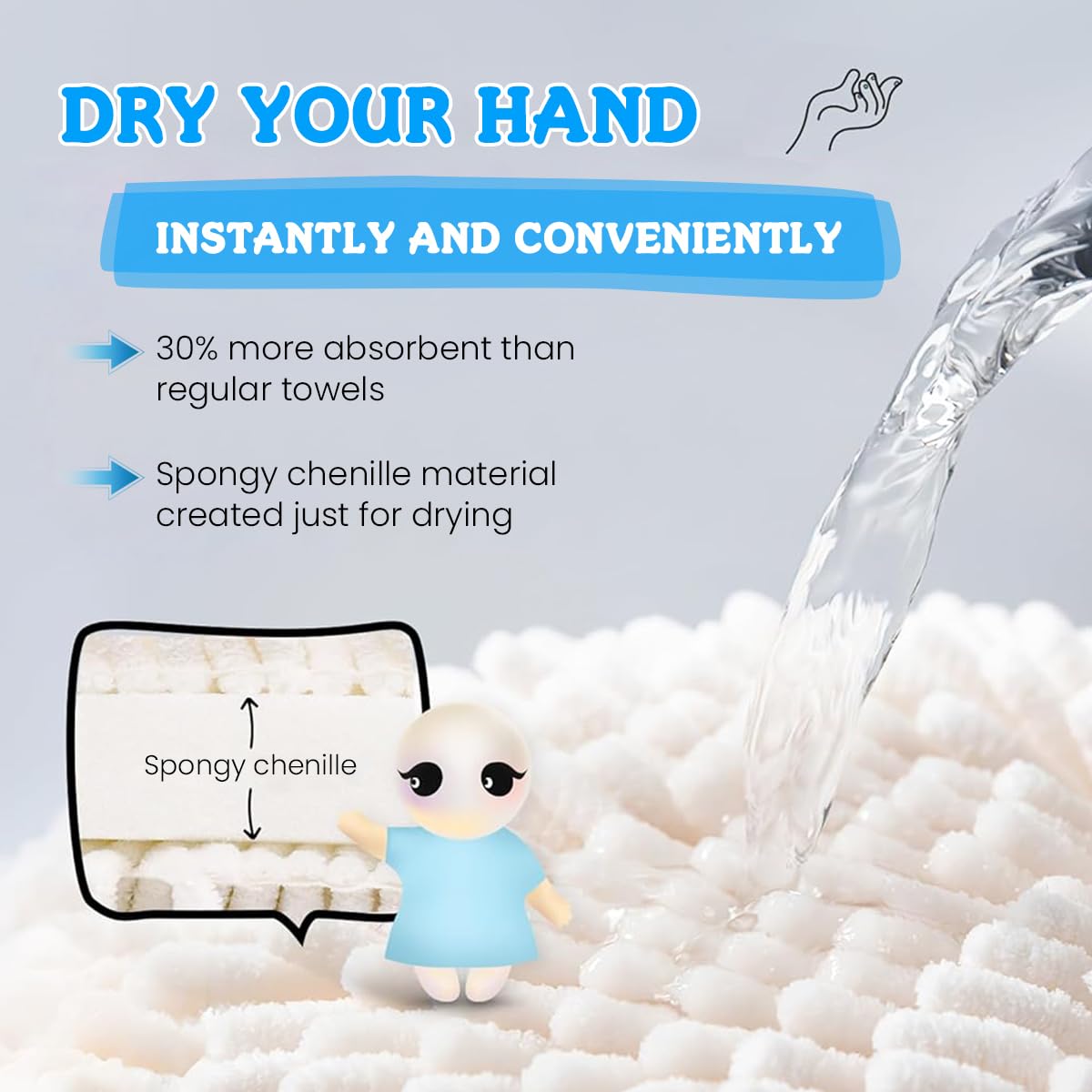 Supvox Hand Towel Set for Bathroom and Kitchen featuring Hanging Loop | 2 Pcs 10x7.9 in Chenille Microfiber