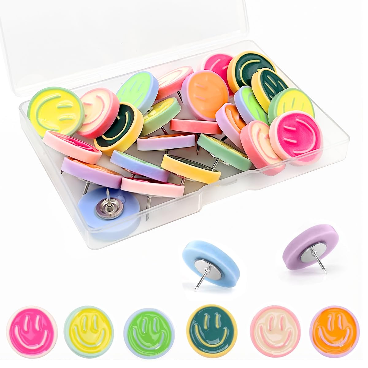 OFIFO Pushpins for Office School and Home Boards with 24 Smiley Resin Heads | 6 Colors