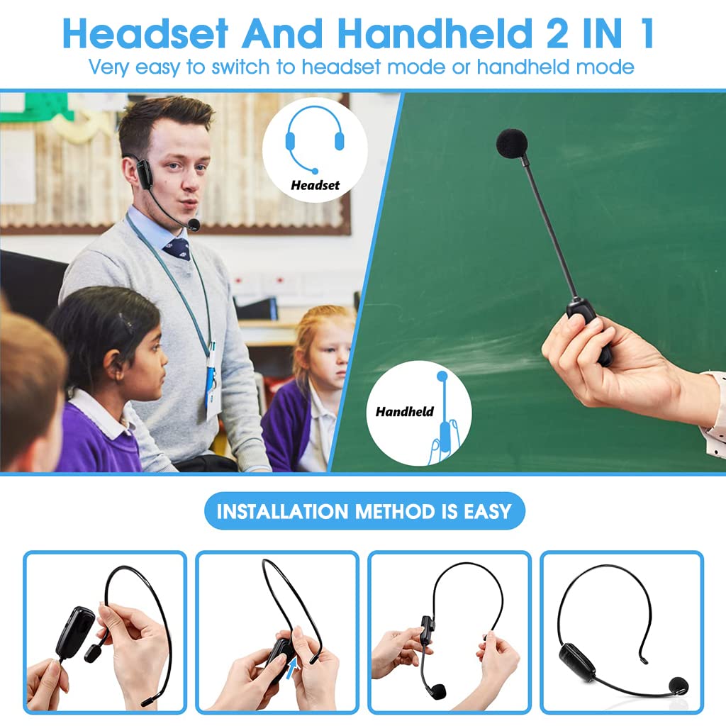 ZORBES UHF Wireless Headset Mic for Voice Amplifier with 160ft Range | 2 in 1 Headset and Handheld Design