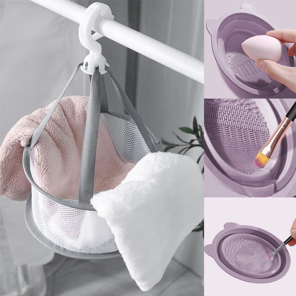 MAYCREATE Makeup Brush Cleaner Mat for Brushes and Sponges with Textured Patterns | Foldable Silicone Cleaning Bowl and Hanging Drying Net