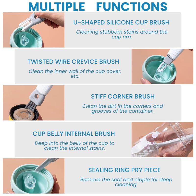 Supvox Baby Bottle Cleaning Brush Kit 5 in 1 with Long Handle Silicone Bristles | Flexible Folding Design and Built in Detailing Brushes