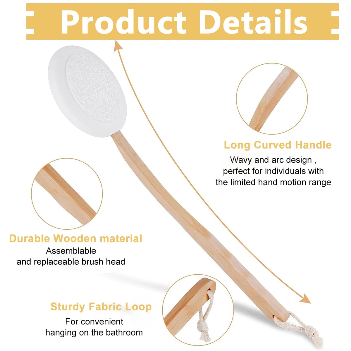 MAYCREATE Lotion Applicator for Back with 17 in Wooden Handle and 3 Replaceable EVA Heads | Bath and Shower Brush