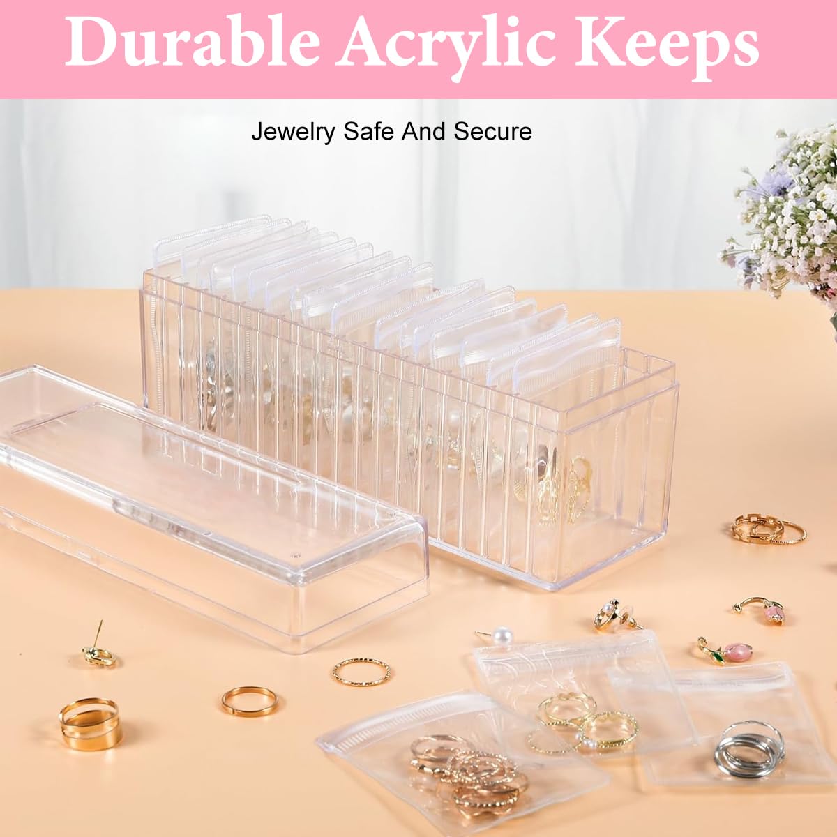 MAYCREATE Jewellery Organisers for Storage and Travel with 20 PVC Pouches and Acrylic Box | Transparent Anti-Tarnish Design