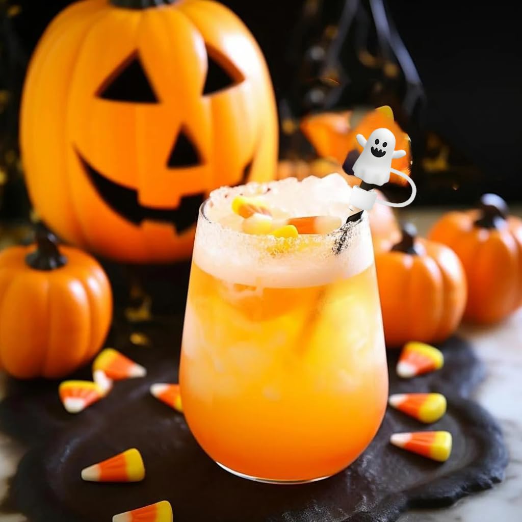 HASTHIP Halloween Silicone Straw Caps for 10mm Reusable Straws featuring Pumpkin and Ghost Designs