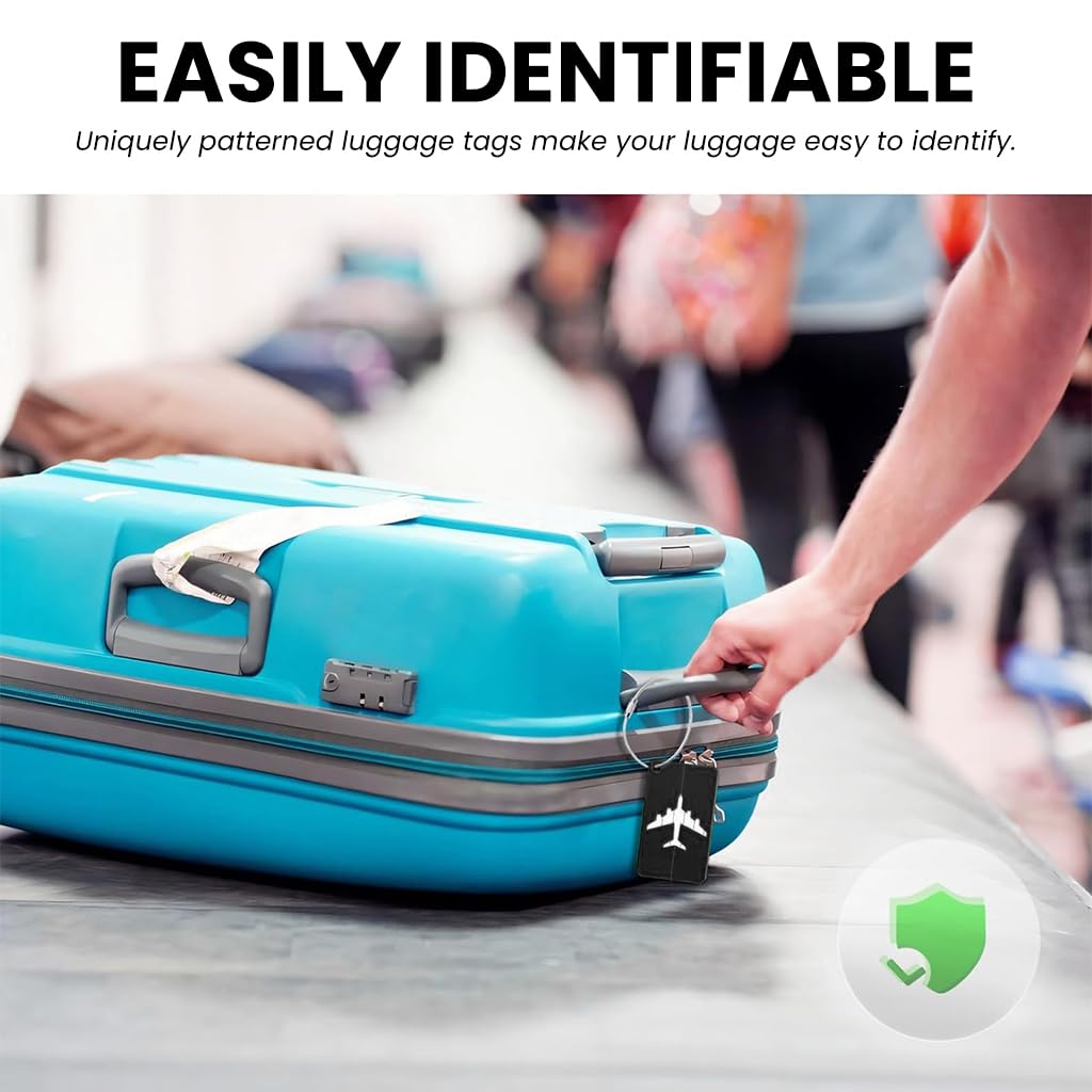ZIBUYU Luggage Tags 3 Pack for Travel with Steel Loops and Privacy Cover | Black Aluminum ID Labels