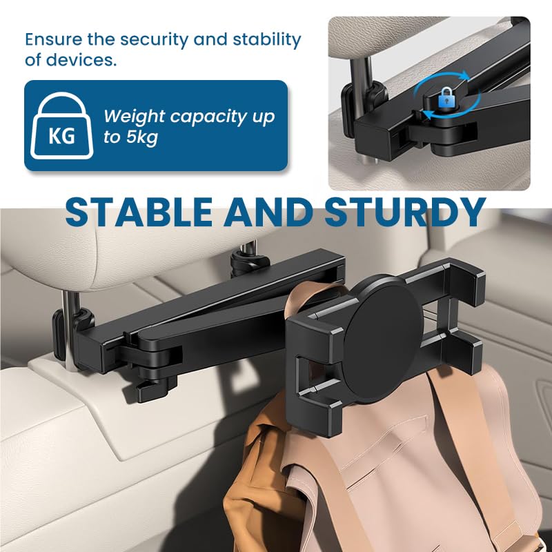 STHIRA® Tablet Holder for Car Headrest, [3 in 1 Adjustable Extension Arm] Car Mount for Back Seat, Road Trip Essentials for Kids, for 4.7-12.9