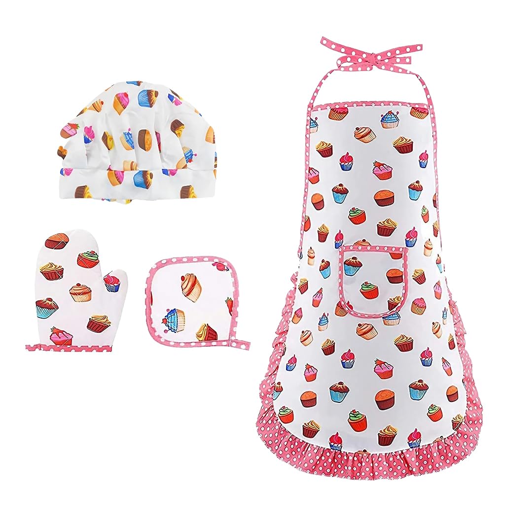 SNOWIE SOFT® Chef Dress for Girl 3-7 Years Old, 4pcs Kitchen Costume Role Play Kits, Girls Apron with Chef Hat, Cooking Mitt and Print Insulation Pad Themed Photography Props