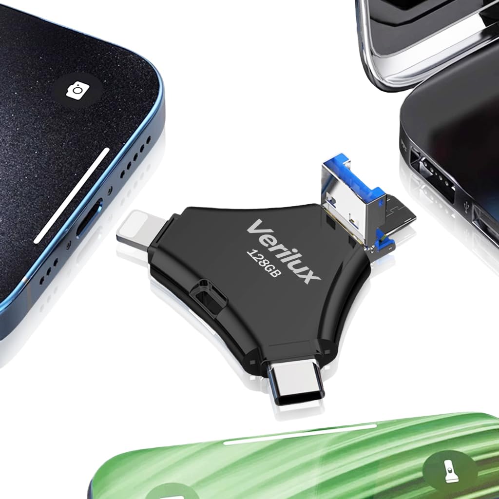 Verilux Pendrive 128 GB for iPhone and Android with 4 in 1 Ports and Metal Keychain Design
