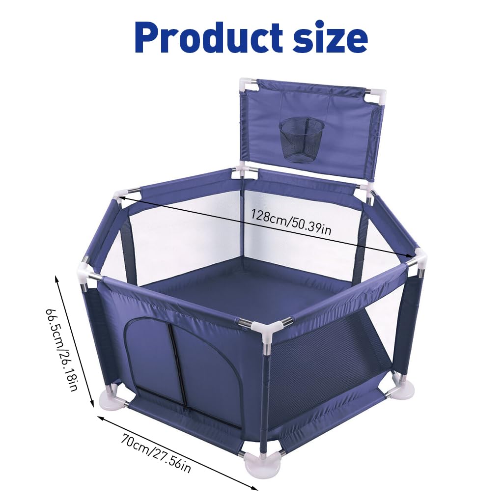 SNOWIE SOFT Baby Playpen for Indoor Play Area with Basketball Frame & Zipper Gate | Breathable Mesh Hexagon Yard for Babies and Toddlers