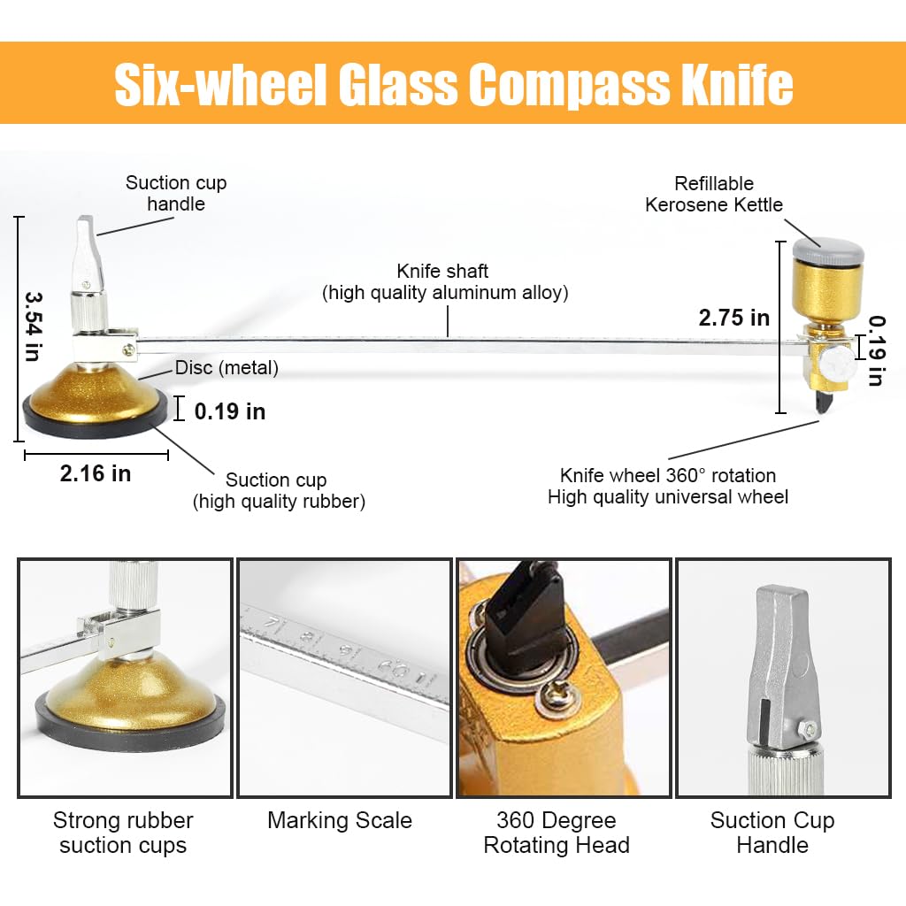 Serplex Glass Circle Cutter for Professional Cutting with 24 in Range and 360° Rotatable Alloy Blades