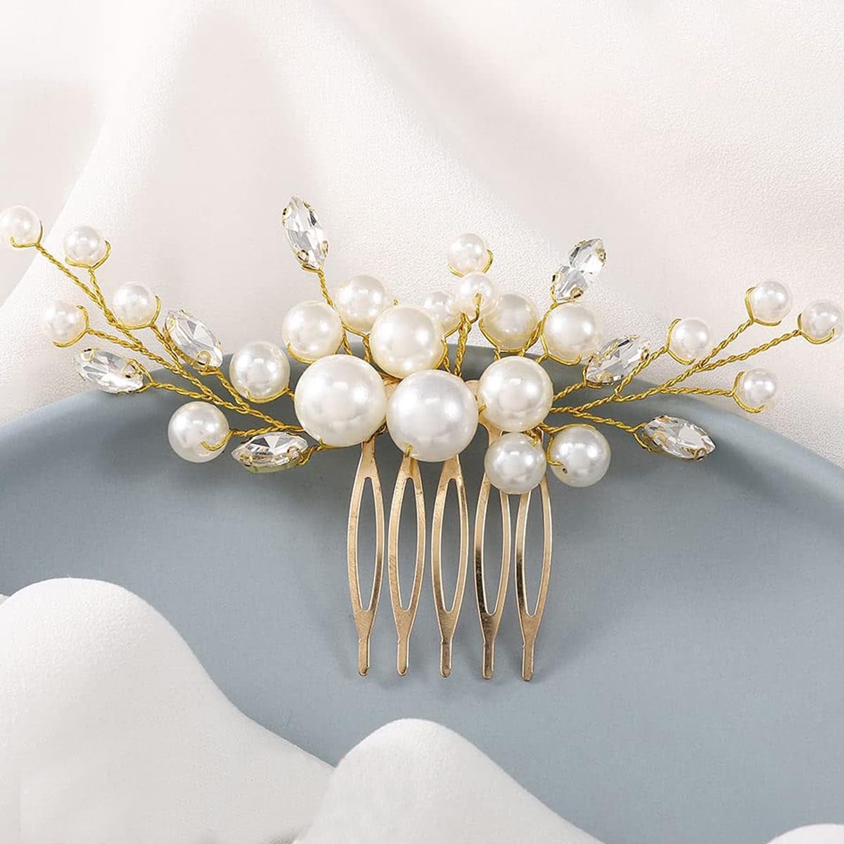 SANNIDHI Bride Pearl Hair Side Comb for Weddings with 4in Clip & 2.36in Pin | Gold Crystal Rhinestone Accessory for Women