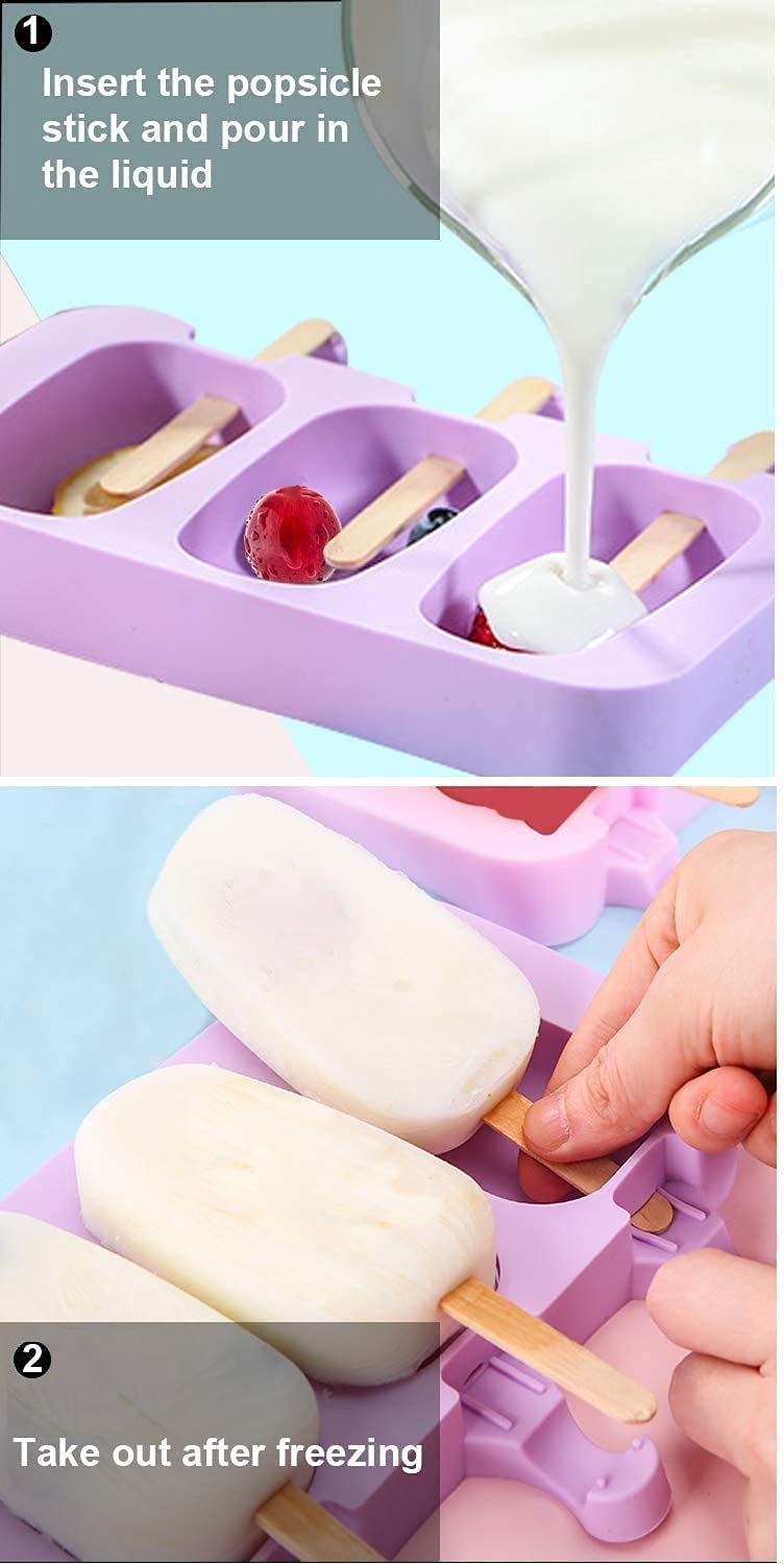 HASTHIP® Cartoon kulfi Ice Cream Mold, Popsicle Mould Silicone, 2 Pieces in 6 Slots, with 100 Wooden Sticks, Reusable, Ice Cream Popsicle Maker, Easy Release