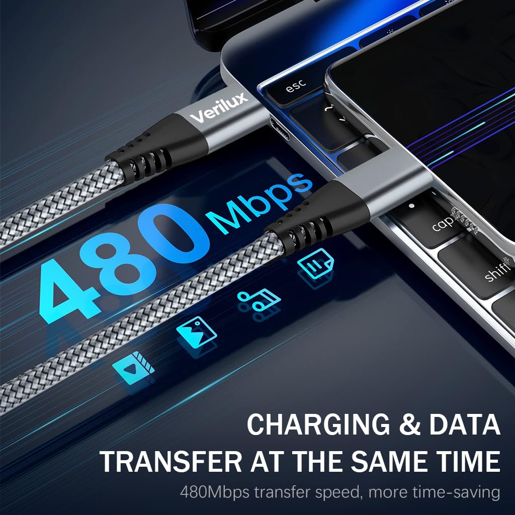 Verilux Type C Charging Cable for Phone PD 60W Fast Charging Type C Cable 10ft Long Type C to Type C Cable Data Cable Phone Charging Cable Long Braided Nylon Type C Cable for Phone, Tablet