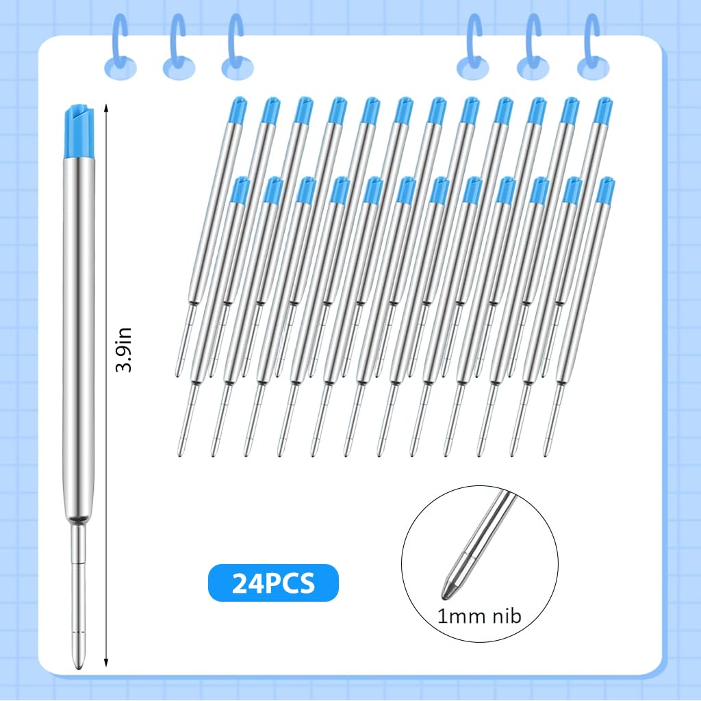 Climberty Ball Pen Refills for Office and School Writing, 24 Pack 1.0mm Blue Ink | Metal Tube