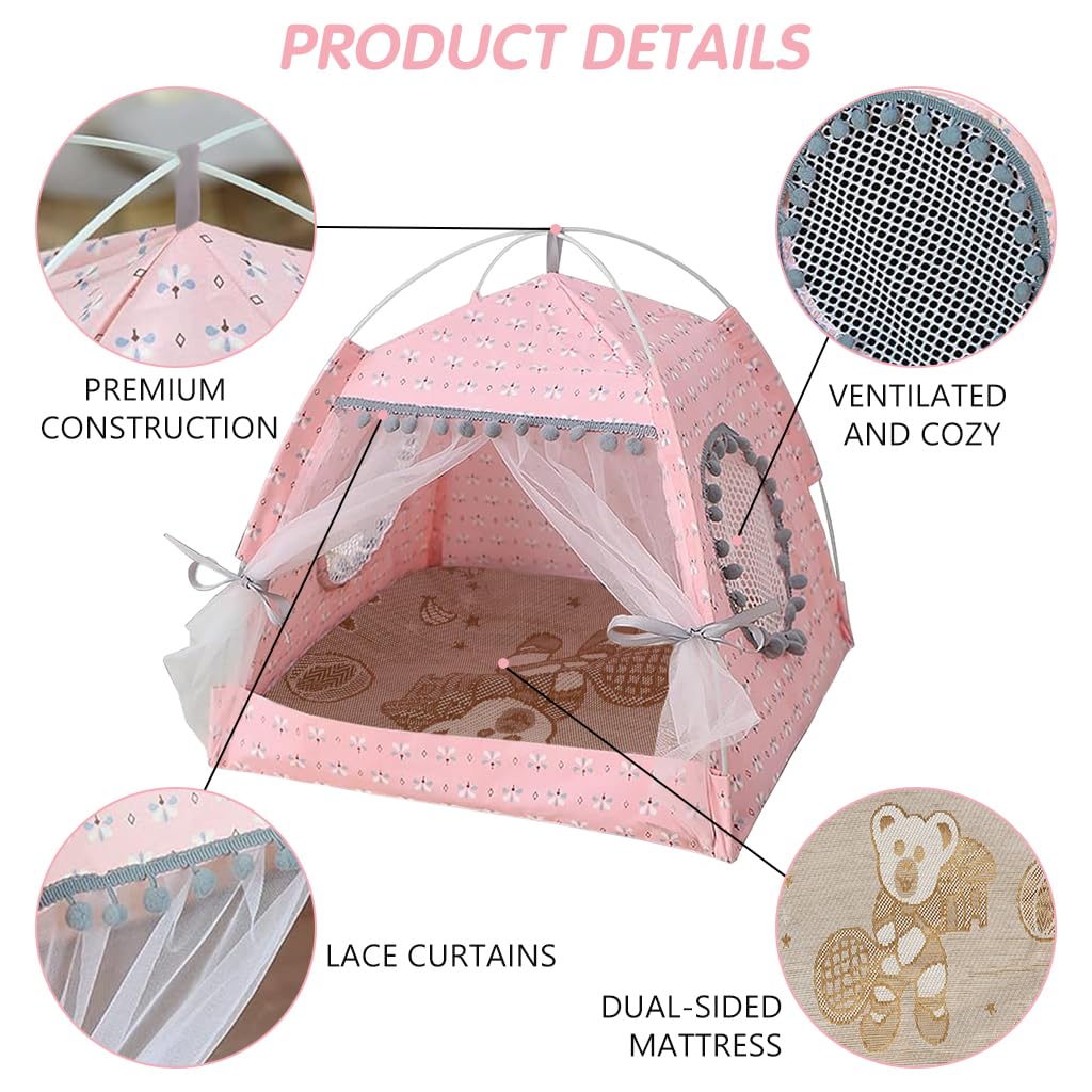 Qpets® Pet Princess Tent House, Lace Cat Bed Tent Dog House Print Cat House with Breathable Matress, Easy Assembly Folding Cat Princess Tent House for Small Medium Dogs Cats